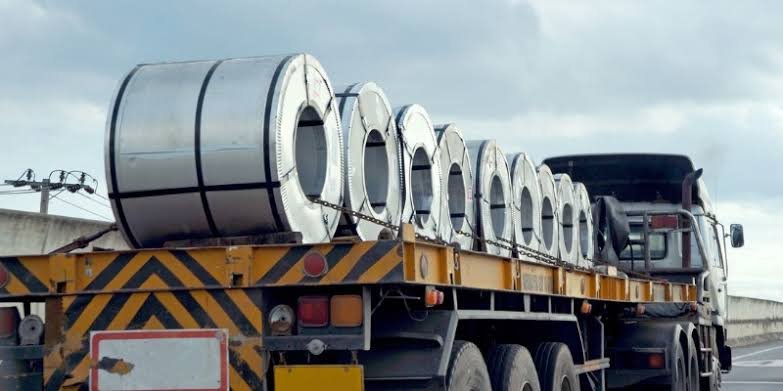 Trailer truck carrying steel coils